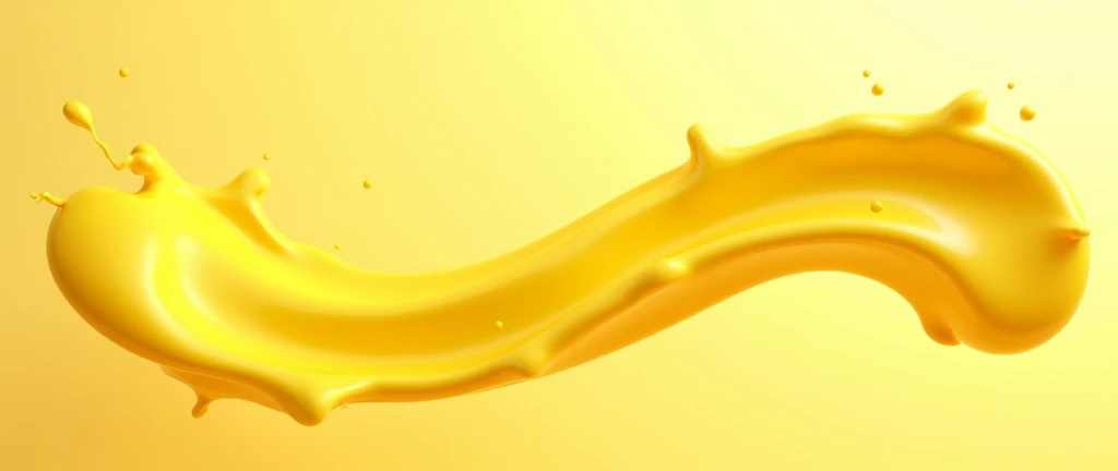 v3D rendering of a yellow liquid splash, vibrant and dynamic, suspended in mid-air, perfect for product display or food photography, the liquid forms elegant, fluid shapes with a smooth, glossy texture, isolated against a clean background, the bright yellow color is eye-catching and exudes freshness, subtle reflections and highlights enhance the depth and realism, capturing the essence of movement and energy, ideal for showcasing products in a modern and stylish way