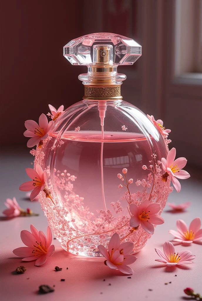 Unique perfume , with critical notes, unique and elegant design, pink color with unique combinations , with flowers around the glass
