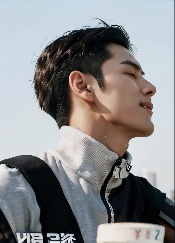 Korean men, Athlete physique, giggle, Muscle Man, Wearing sportswear,Muscular body, slim, No body hair,On the streets of the city center with skyscrapers in the background,Full body shot, tattooed arms, Thin body,Detailed body, Center,Side of the character, Close your eyes and enjoy
