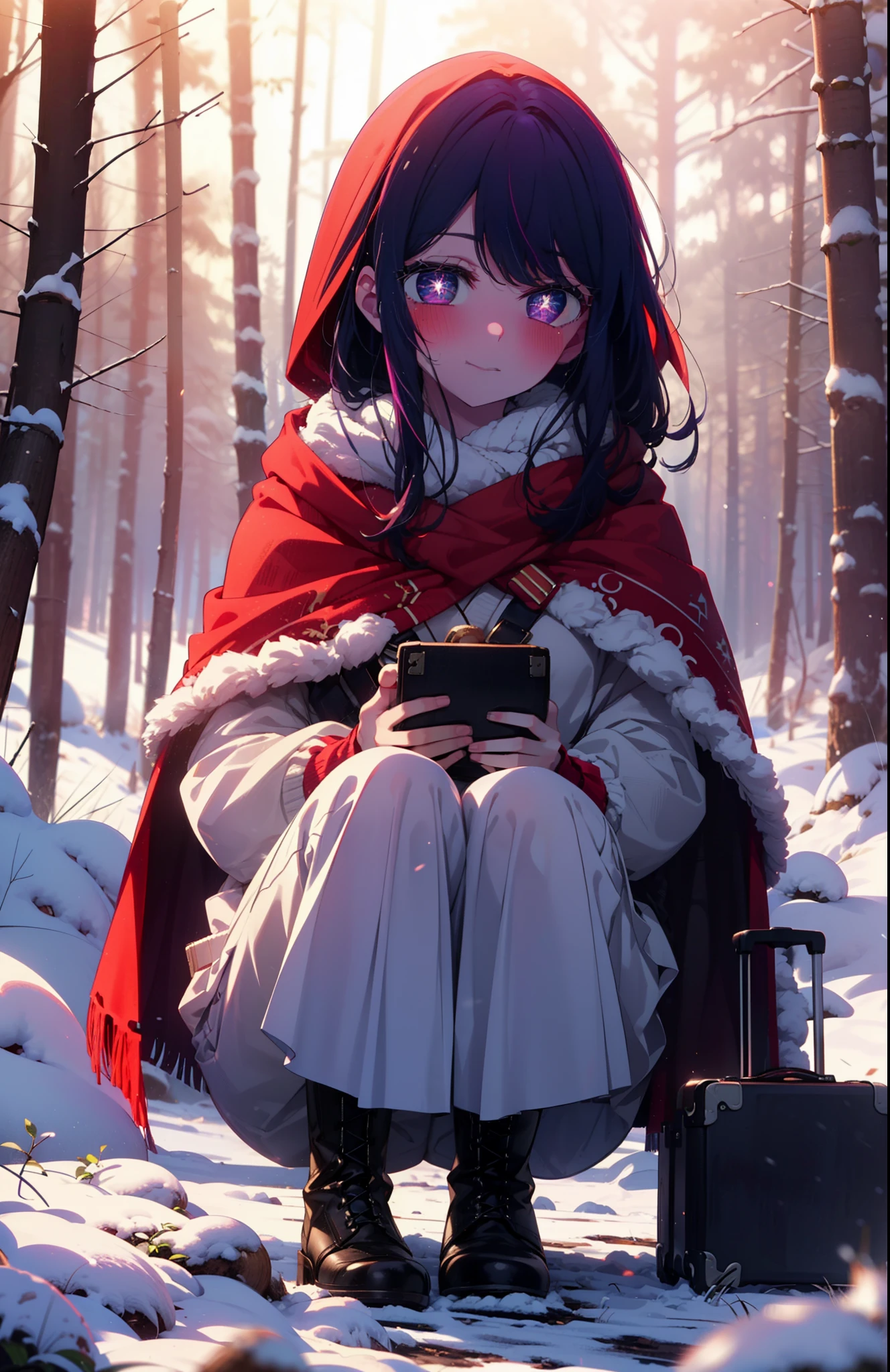 aihoshino, Ai Hoshino, Long Hair, bangs, (Purple eyes:1.1), Purple Hair, (Symbol-shaped pupil:1.5), smile,,smile,blush,white breath,
Open your mouth,snow,Ground bonfire, Outdoor, boots, snowing, From the side, wood, suitcase, Cape, Blurred, , forest, White handbag, nature,  Squat, Mouth closed, Cape, winter, Written boundary depth, Black shoes, red Cape break looking at viewer, Upper Body, whole body, break Outdoor, forest, nature, break (masterpiece:1.2), Highest quality, High resolution, unity 8k wallpaper, (shape:0.8), (Beautiful and beautiful eyes:1.6), Highly detailed face, Perfect lighting, Highly detailed CG, (Perfect hands, Perfect Anatomy),