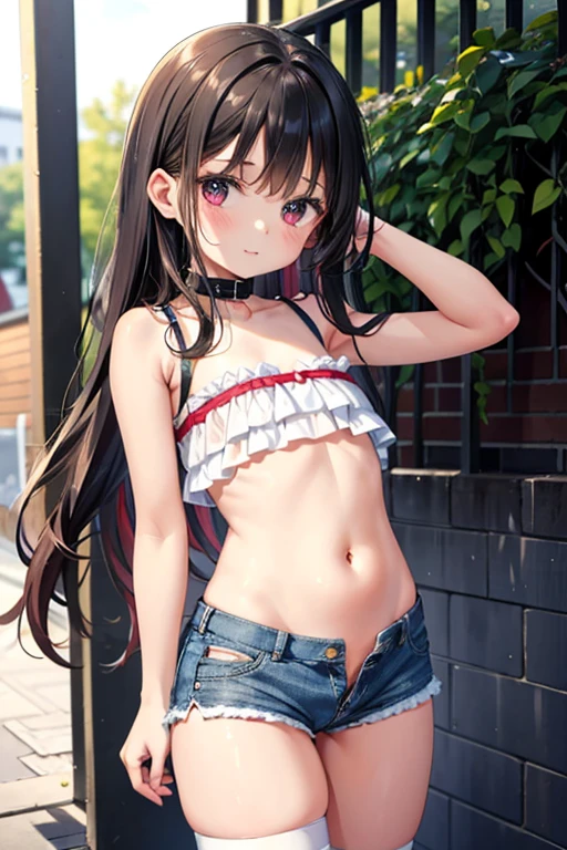 (masterpiece), Highest quality, One girl, , 8-year-old, Cute  girl, Flat Chest, Black Hair, Very long hair, View your viewers, She wears a sturdy collar made of bright red leather., 
Strapless clothing, White lace outfit, Expose the clavicle, Not wearing a bra, Erect nipples, Lace frills on the chest, The frills make the skin look translucent., Flip up the frills to show your breasts, Belly button, A bulging belly, Exposing the flanks, 
Not wearing panties, denim micro mini shorts, Extremely low cut shorts, Extremely low rise shorts, Ultra-short shorts that show off your V-line, Expose your hips, Shorts are unbuttoned, She unzips her shorts, Open the front of your shorts, She pulls down her shorts, She has taken off her shorts so you can see her crotch, I can see the pussy, She purposely shows off her pussy, I can see the crotch lines, she has no pubic hair, 
White thigh-high socks, Walking around town, Standing in a crowd,