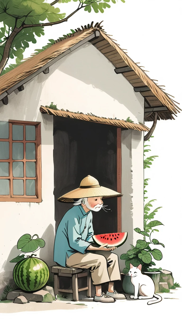 (((Negative Space，far away，Corner close-up))).An old man wearing a straw hat sitting under a thatched roof eating watermelon,A tabby cat sitting beside. Characteristics of Manga Style,sketch,Rich and colorful cartoon illustrations. Simple lines,Flat shading,Featuring a Chinese-style cartoon character (Predominantly White Background:2),(Large area of blank),,Simple background,(Large area of blank）