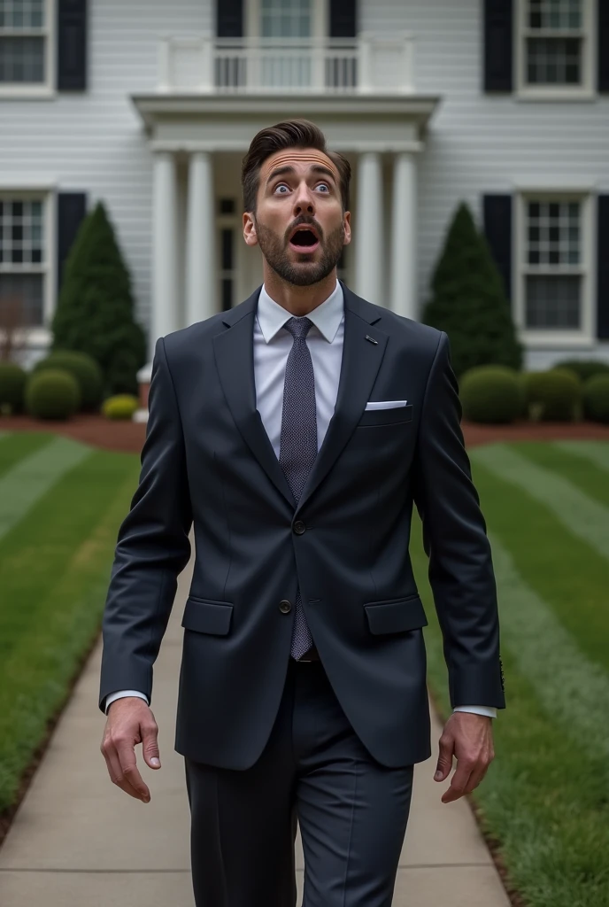 A suited man stops in front of his house, startled.