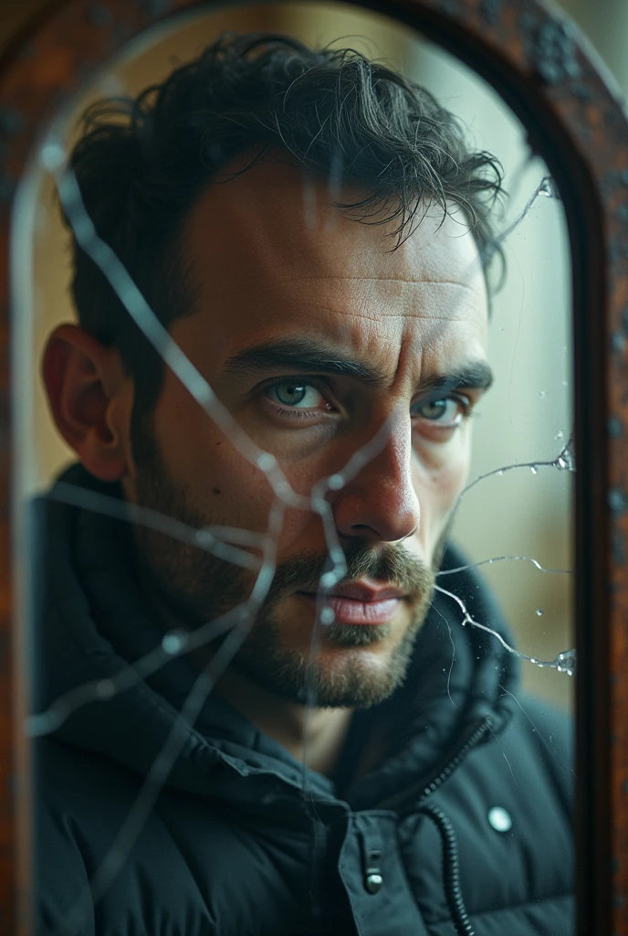 a BROKEN mirror, with a distorted reflection of a man's face in the background that is an unrealistic image
