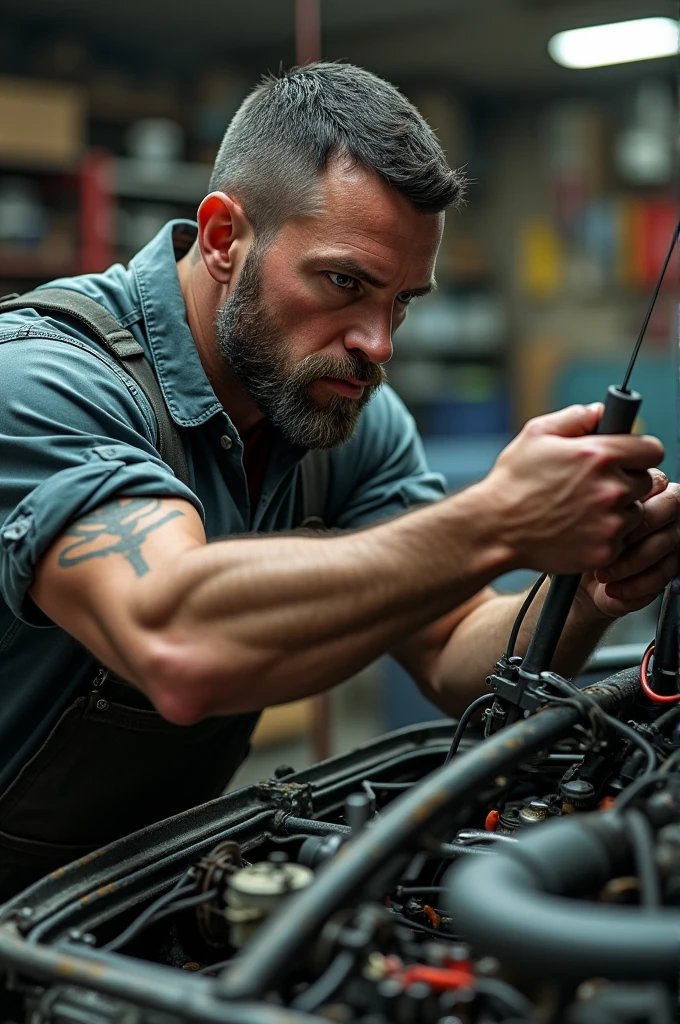 Male mechanic with black hair doing electrical work in car
