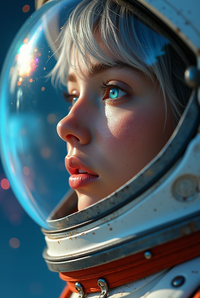 (Close-up of a better masterpiece:1.5)0.9], (Space and astronauts:1.2) (Messy silver hair:1.1) (Heterochromia xanthochromia and blue eyes:1.2) (Space Helmet:1.0) (Colored stars in the eyes:1.0) (A radiant glow:1.1) (thick lips:0.9)
