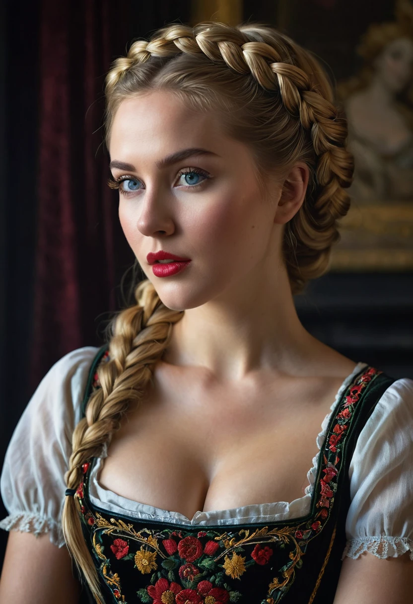 A young woman in the prime of her beauty, her visage suffused with the timeless allure of a Renaissance muse. She stands confidently in a darkened chamber, the dramatic chiaroscuro lighting casting deep shadows that dance across her bare, alabaster skin. Her golden hair is meticulously woven into an elegant French braid that cascades down her back, while a vibrant bollenhut, a traditional German headdress, sits atop her head, adorned with intricate floral embroidery. Her eyes sparkle with mischief as she winks with one cerulean eye, the other hidden beneath a playful sweep of long lashes. A crimson smear of lipstick graces her full, inviting lips, matching the rich tones of the dirndl that wraps snugly around her waist, revealing her all-natural, unblemished breasts that rest gently against the fabric. The garment's folds and patterns are rendered with such hyper-detail that each thread seems to leap from the canvas, a testament to the artist's mastery. The background is a velvety black, allowing her radiant features and the crimson accents of her outfit to pop with vibrancy. The 8k resolution captures every nuance of her form, from the soft curve of her neck to the delicate arch of her foot, while the HDR enhances the depth and realism of the scene. This full-body portrait is a modern reimagining of classical art, suffused with a sense of eroticism that whispers of the painter's admiration for the female form. Her posture and expression are coy yet assertive, beckoning the viewer to join in her silent flirtation. The photorealistic style blurs the line between reality and art, ensnaring the gaze and inviting contemplation of the timeless beauty and seductive power that she embodies.