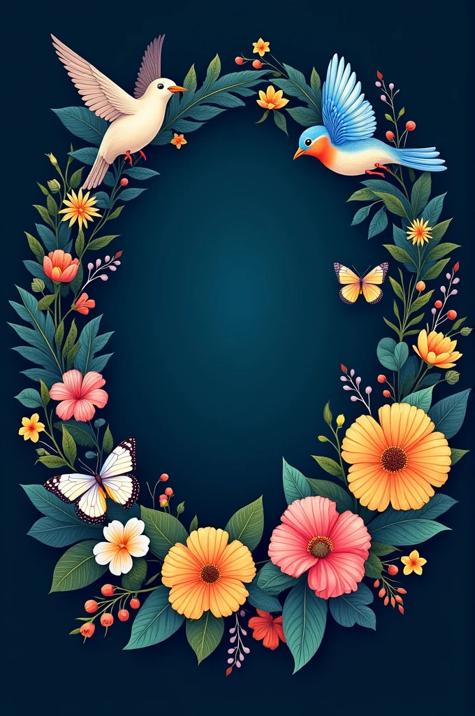 A rounded Emblem, dark blue background, flying birds, butterflies, flowers and Marimuthu