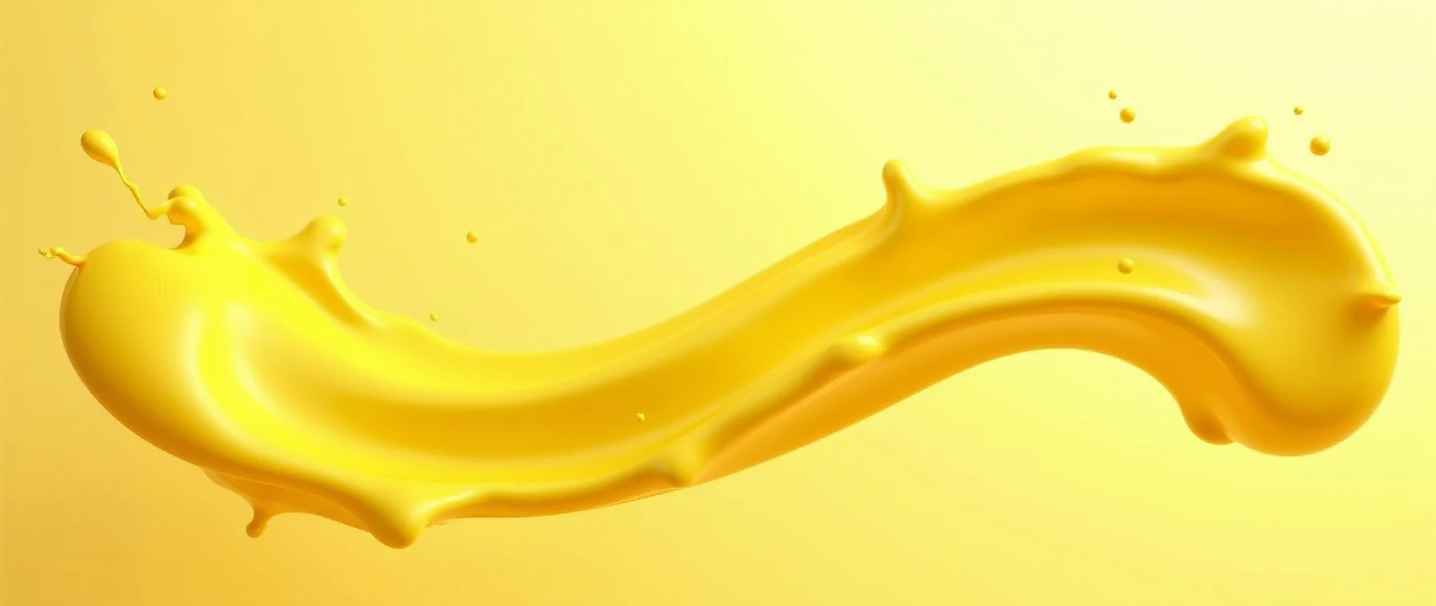 v3D rendering of a yellow liquid splash, vibrant and dynamic, suspended in mid-air, perfect for product display or food photography, the liquid forms elegant, fluid shapes with a smooth, glossy texture, isolated against a clean background, the bright yellow color is eye-catching and exudes freshness, subtle reflections and highlights enhance the depth and realism, capturing the essence of movement and energy, ideal for showcasing products in a modern and stylish way