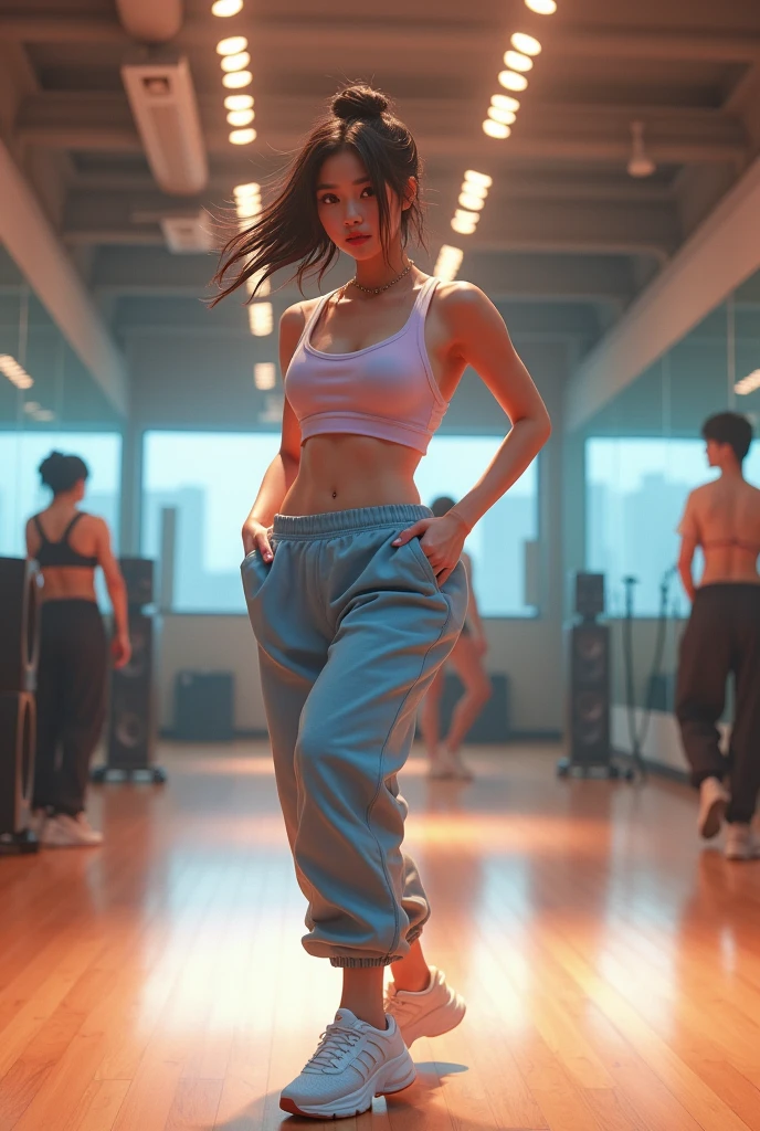 A kpop female artist wearing crop top and sweat pants doing dance practice in a studio
