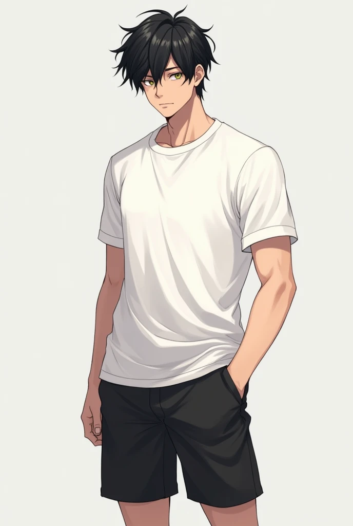 A very handsome anime boy, athletic, messy black hair, plain white t-shirt, black shorts, full body view(head to toes), calm and stoic expression