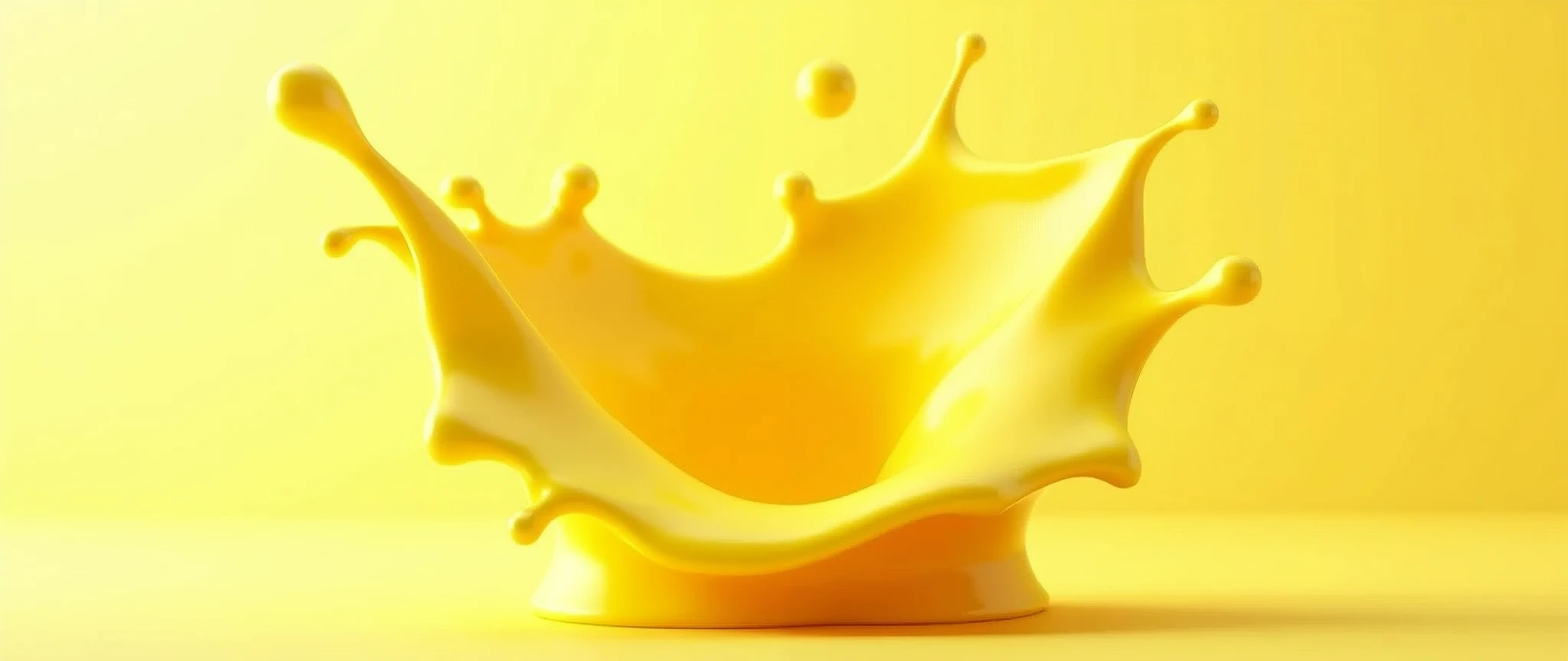v3D rendering of a yellow liquid splash, vibrant and dynamic, suspended in mid-air, perfect for product display or food photography, the liquid forms elegant, fluid shapes with a smooth, glossy texture, isolated against a clean background, the bright yellow color is eye-catching and exudes freshness, subtle reflections and highlights enhance the depth and realism, capturing the essence of movement and energy, ideal for showcasing products in a modern and stylish way