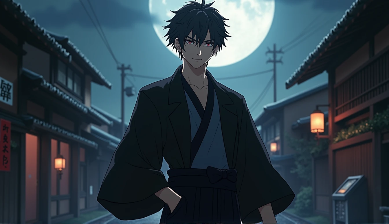 One Man in the Night City、Alluring Handsome Youth、30s、With a dark, brooding aura、Sophisticated and cynical、Black Hair、Dark Eyes、Black kimono、smart、slim、A fearless smile、Moon Night、Suspicious atmosphere、Traditional Kyoto cityscape、high resolution、Amazing Image、High Precision、High quality、Like the Latest Final Fantasy、Biologically correct、
