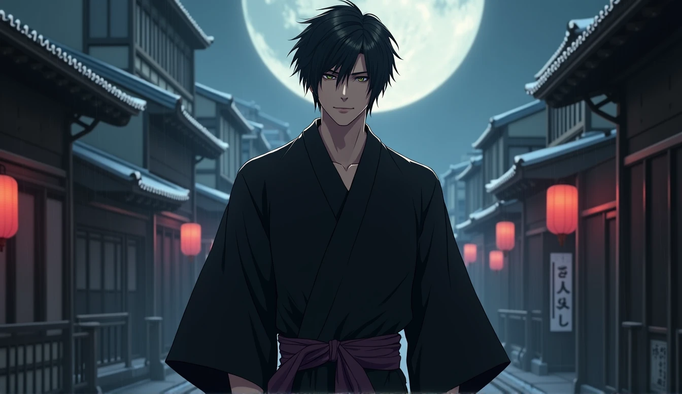 One Man in the Night City、Alluring Handsome Youth、30s、With a dark, brooding aura、Sophisticated and cynical、Black Hair、Dark Eyes、Black kimono、smart、slim、A fearless smile、Moon Night、Suspicious atmosphere、Traditional Kyoto cityscape、high resolution、Amazing Image、High Precision、High quality、Like the Latest Final Fantasy、Biologically correct、