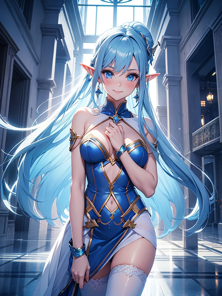 a girl，Elf，Long blue hair，crystal，blue eyes，blush，Smile，earrings，White tights，Stylish style，Cyberpunk style，Beautiful skin，dream，European palace inner court，Glass，Dance，Rendering，optimal