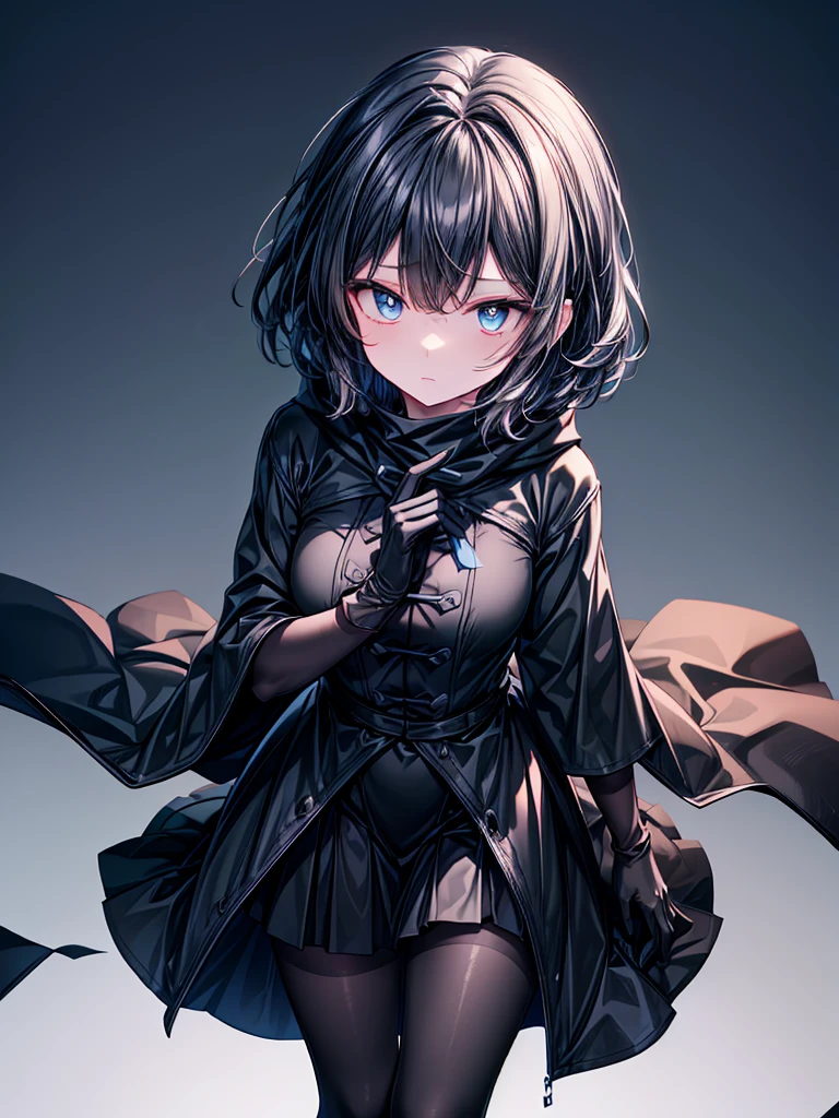 ((Touhou Project)),((masterpiece)),((Highest quality)),((Alluring)),((alone)),((Dark blue pupils)),((Beautiful Blue Eyes)),((wearing a black coat)),((Wearing a black mini skirt,She wears black tights under her skirt)),((A slim body)),((View from above)),((Long, shiny black hair)),((The left eye is completely covered by the bangs)),((I can see my eyes through my hair)),((Wearing black gloves)),(King of the Castle Shrouded in Darkness),((Cold-hearted)),((Complex background)),((Overwhelmingly strong))