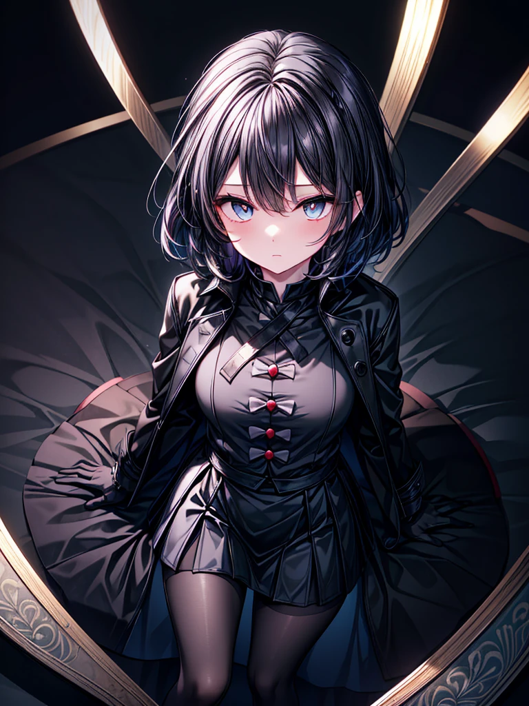 ((Touhou Project)),((masterpiece)),((Highest quality)),((Alluring)),((alone)),((Dark blue pupils)),((Beautiful Blue Eyes)),((wearing a black coat)),((Wearing a black mini skirt,She wears black tights under her skirt)),((A slim body)),((View from above)),((Long, shiny black hair)),((The left eye is completely covered by the bangs)),((I can see my eyes through my hair)),((Wearing black gloves)),(King of the Castle Shrouded in Darkness),((Cold-hearted)),((Complex background)),((Overwhelmingly strong))