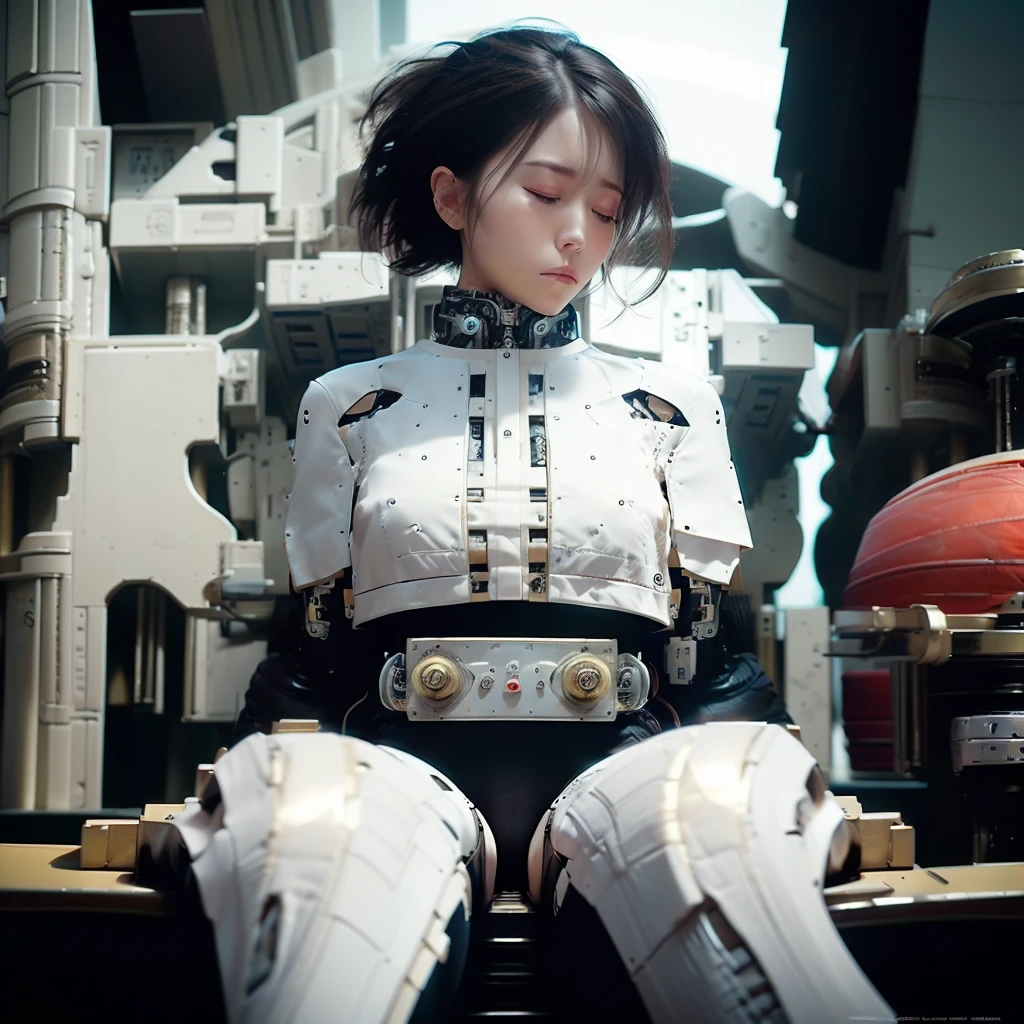 masterpiece, best quality, extremely detailed,8k portrait, Japanese android girl,Plump ,control panels,robot arms,robot,android,cyborg,white robot body,blunt bangs,robot repair plant,black knee high socks,（closing eyes:1.5）（sleep mode:1.5）