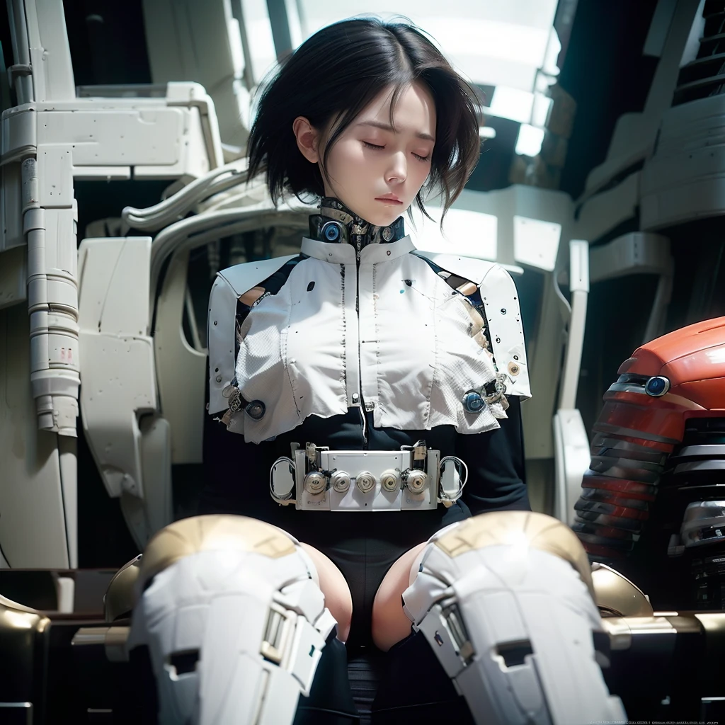 masterpiece, best quality, extremely detailed,8k portrait, Japanese android girl,Plump ,control panels,robot arms,robot,android,cyborg,white robot body,blunt bangs,robot repair plant,black knee high socks,（closing eyes:1.5）（sleep mode:1.5）