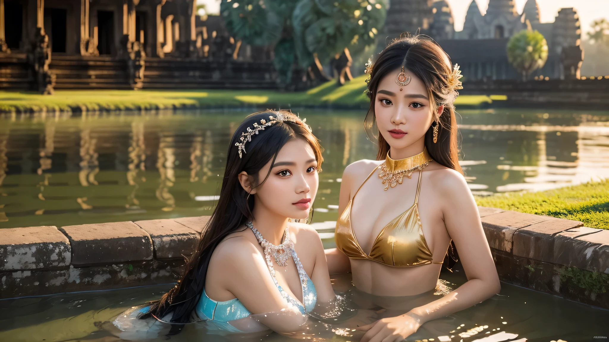 a lot of beautiful young khmer girls,apsara,wearing a hot bathing suit, posing in the river,in front of angkor wat temple,during sunset, detailed face,detailed eyes,detailed lips,long eyelashes,intricate headdress,ornate jewelry,flowing fabric,shimmering water,glowing sunlight,warm colors,atmospheric lighting,photorealistic,award winning photography,8k,hyper detailed,masterpiece
