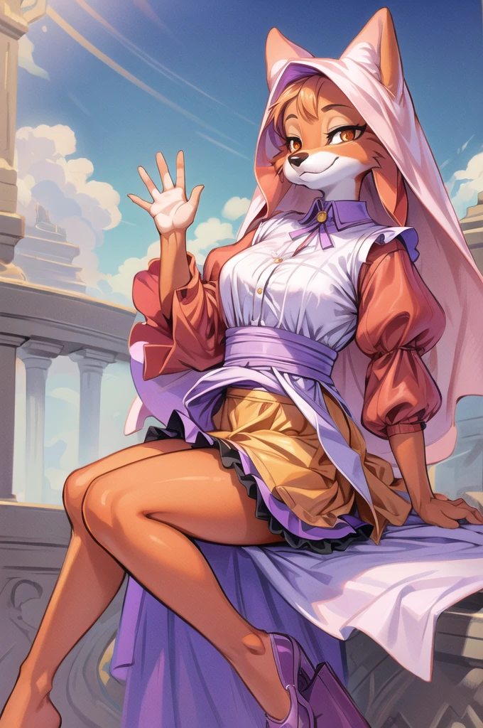 best quality, furry, anthro, animal nose,  maidmarian, happy, orange eyes, fox, waving, holding skirt to side, showing off, showing leg, ((((holding skirt)))), detailed hand, frente