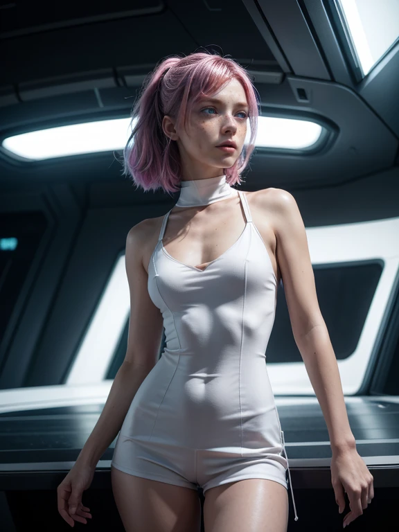 Futuristic Colourful dress, Fashion Concept. Attractive, moving exposure, sexy pose. Hotpants. Day Time. in a all-white Studio. Full focus, RAW photo. Beautiful, cinematic lighting, 8K, sharp details. Crystal clear feel, High quality, Fine-art print, HQ. Colourful. Hypermaximalist, hyperdetailed, award-winning fashion photography, professional colour grading, clean sharp focus. Vibrant colors. Clean details. (((((real life image))))) (((small))) (((slim)))