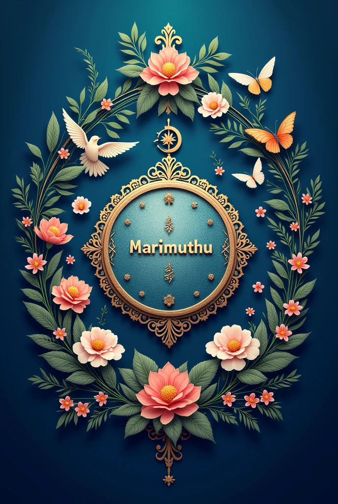 A rounded Emblem, dark blue background, flying birds, butterflies, flowers and Marimuthu
