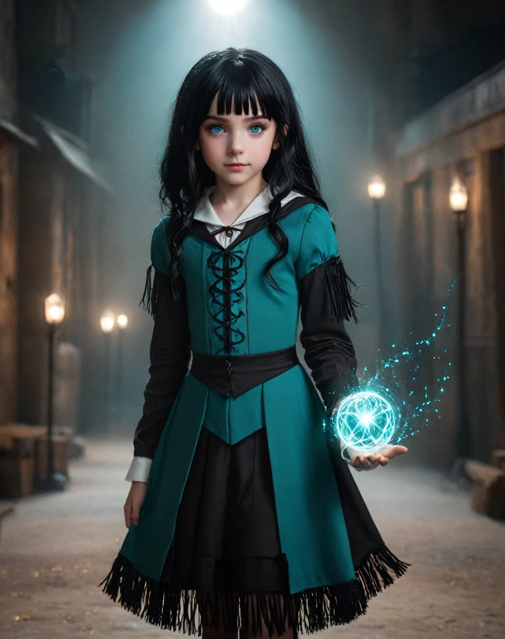 young 11 year old girl,daughter of severus snape, freckles, teal green eyes, black fringe hair,Magician, magical girl, mysterious look, magic wand, magic circle, enchanting costume, mysterious background, best shadow, light particles, light wave, enchanting spell, soft and fantastic light, fantasy atmosphere, swirling energy, pulsating aura, glowing runes, floating, chanting spells, hold your hand against the light, (Masterpiece), (Best Quality), (Ultra high Detailes),