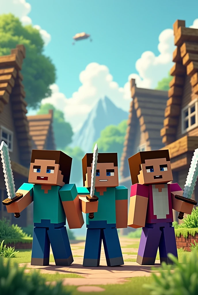 Three Minecraft character standin front of the village with sword