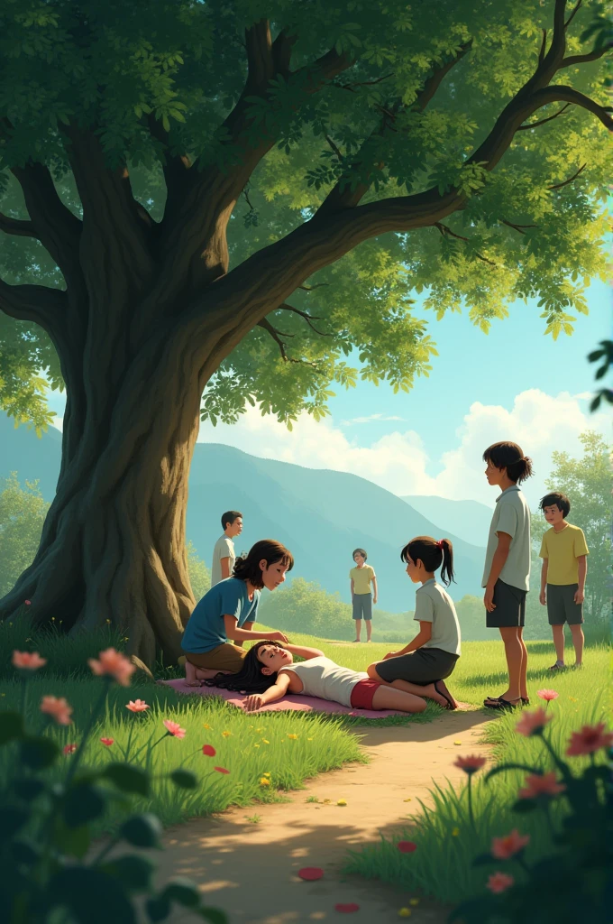 Some girl is sick under a tree and some people are walking by her side and some people are looking at her and some people are helping her, the picture frame size is 16:9 to look realistic people and cinematic.
