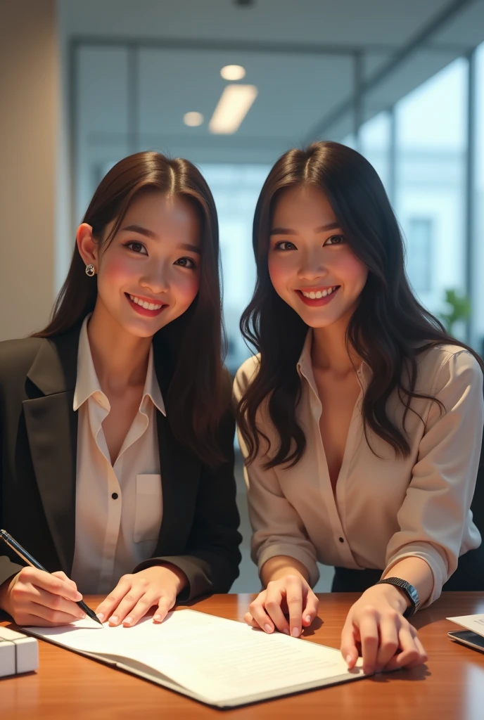 Create an image of two 18-year-old Asian businesspeople signing a contract with each other, smiling with cute and charming faces. The image is full-body, slightly revealing, and portrays a youthful appearance