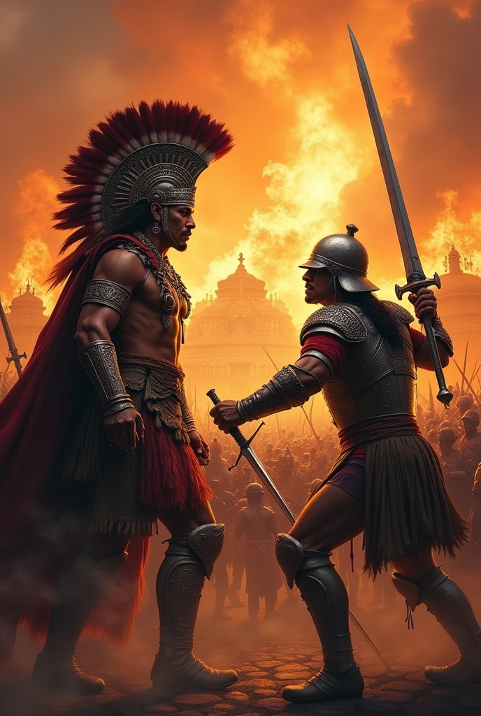 An Aztec warrior in battle against a Spanish soldier while behind him other soldiers and warriors are fighting in the city of Tenochtitlan which is ablaze against an orange sky.