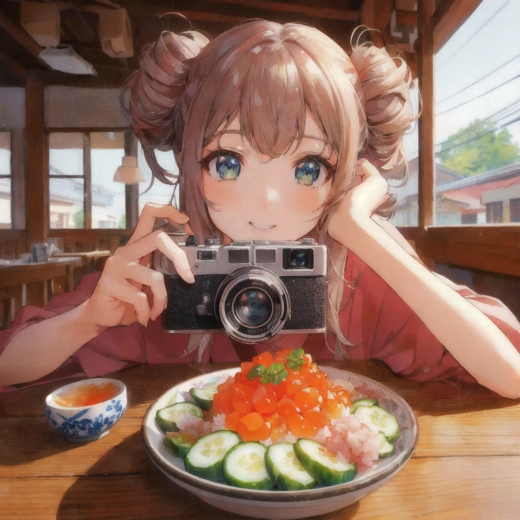 anime girl taking a picture of a plate of ピクルス with a camera, Pickles and Ikura,anime style 4K 円, anime style mixed with fujifilm, anime style. 8k, photorealistic anime, Cute realistic portrait, anime! 4K, anime! 4K 円, anime picture, detailed digital anime art, 80年代のanimeスタイル,high quality anime artstyle, clean detailed anime art, 4K 円 manga wallpaper
