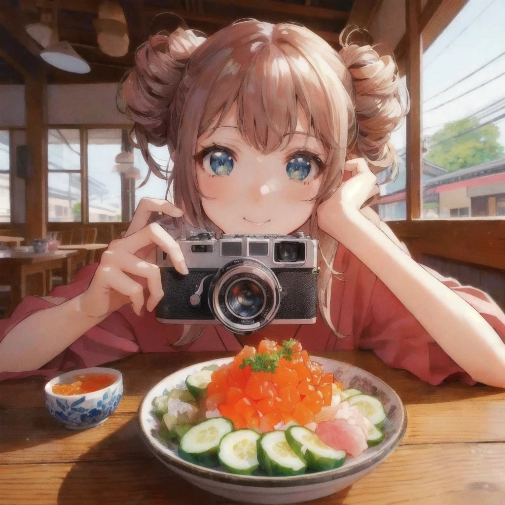 anime girl taking a picture of a plate of ピクルス with a camera, Pickles and Ikura,anime style 4K 円, anime style mixed with fujifilm, anime style. 8k, photorealistic anime, Cute realistic portrait, anime! 4K, anime! 4K 円, anime picture, detailed digital anime art, 80年代のanimeスタイル,high quality anime artstyle, clean detailed anime art, 4K 円 manga wallpaper