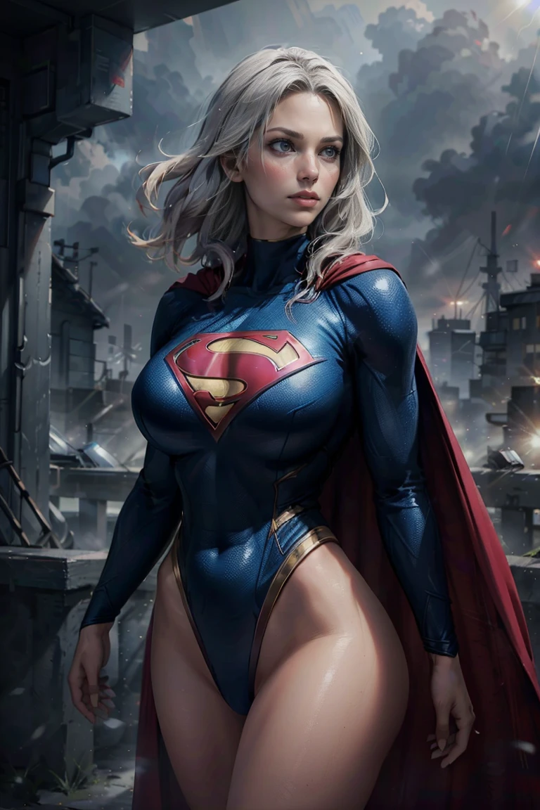 a beautiful girl with short white hair, wearing a tight supergirl costume with long sleeves, huge breasts,perfect body,wide hips (best quality,4k,8k,highres,masterpiece:1.2),ultra-detailed,(realistic,photorealistic,photo-realistic:1.37),hyper detailed facial features,extremely detailed eyes and face,longeyelashes,highly detailed costume,dynamic pose,action scene,moody lighting,cinematic composition,vibrant colors,
