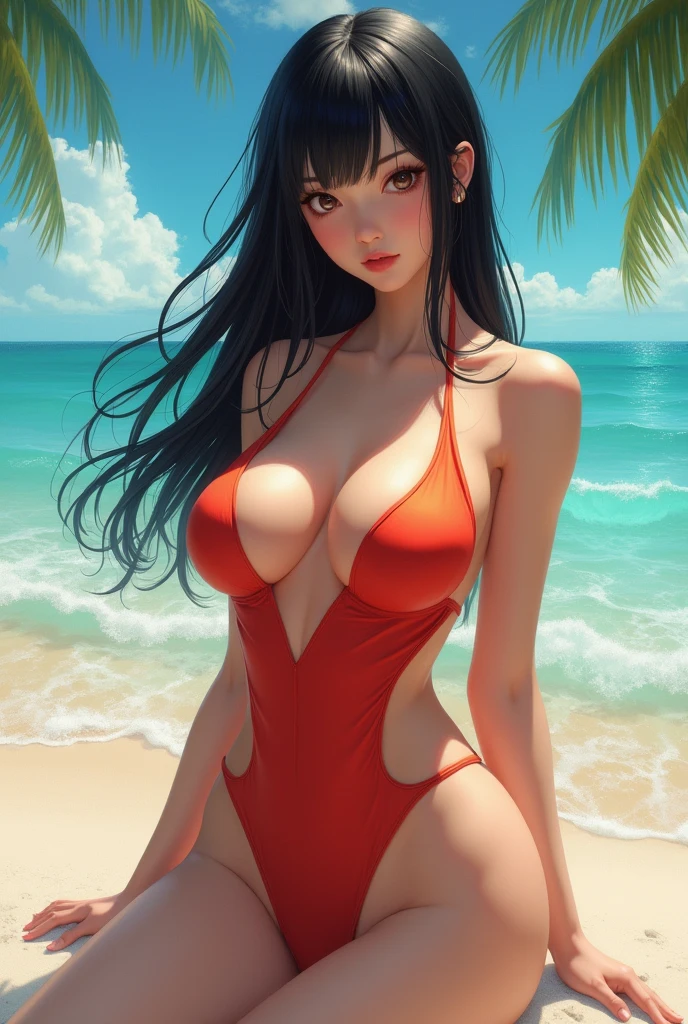 A Japanese woman with large breasts wearing a swimsuit.
