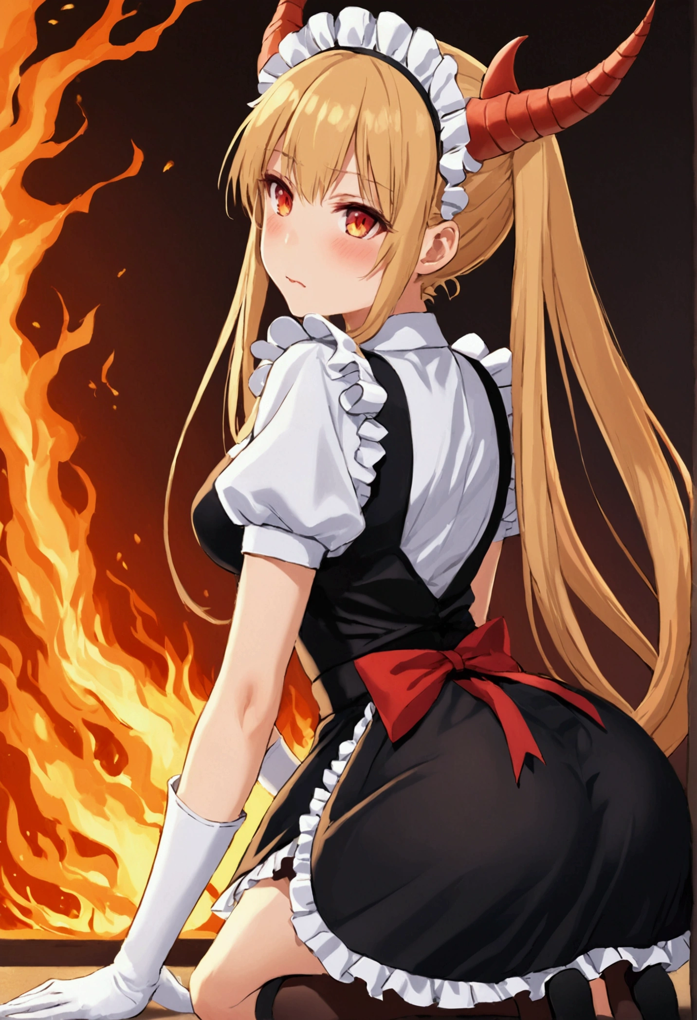tohru, long hair, bangs, blonde hair, hair between eyes, twintails, very long hair, multicolored hair, horns, fang, gradient hair, dragon horns, red eyes, slit pupils,
gloves, dress, tail, short sleeves, necktie, white gloves, maid, maid headdress, dragon girl, dragon tail, scales, large tail,medium ass, medium breasts, sexy, blush, licking lips, on fours, from behind