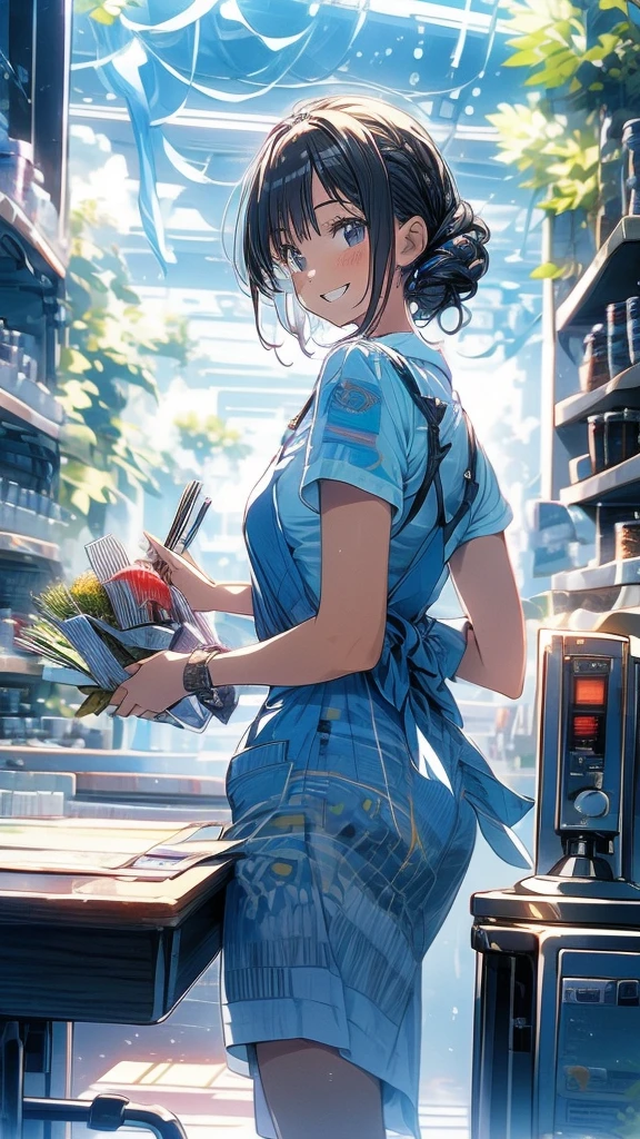 young woman,Facing forward,smile,((Standing inside the cash register)),Touching the cash register machine,Customer Service,((There is a cash register on the table)),(Scanning product barcodes at the cash register)),Supermarket clerk,Wearing an apron,uniform,((Working as a cashier)),((Cashier)),((cashier,register,)),((Receive money from customers)),There are products on the shelves,In the supermarket,Bright interior,grocery store