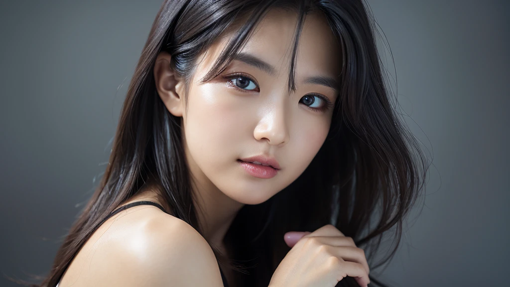 (Detailed face),vivid,4K,Ultra-high resolution,(Photorealistic:1.7),Gray background,Black long hair,