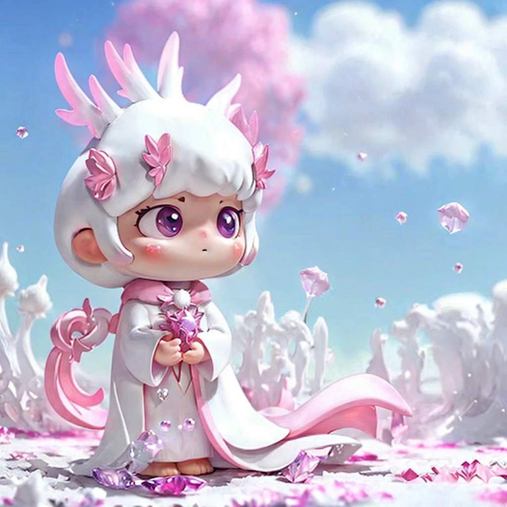 a white bunny，white robe，pink decoration，，shawl，falling petals，crystal pupil，antlers，Crystal pupils，Look up at the sky，Clear face，A puzzled expression