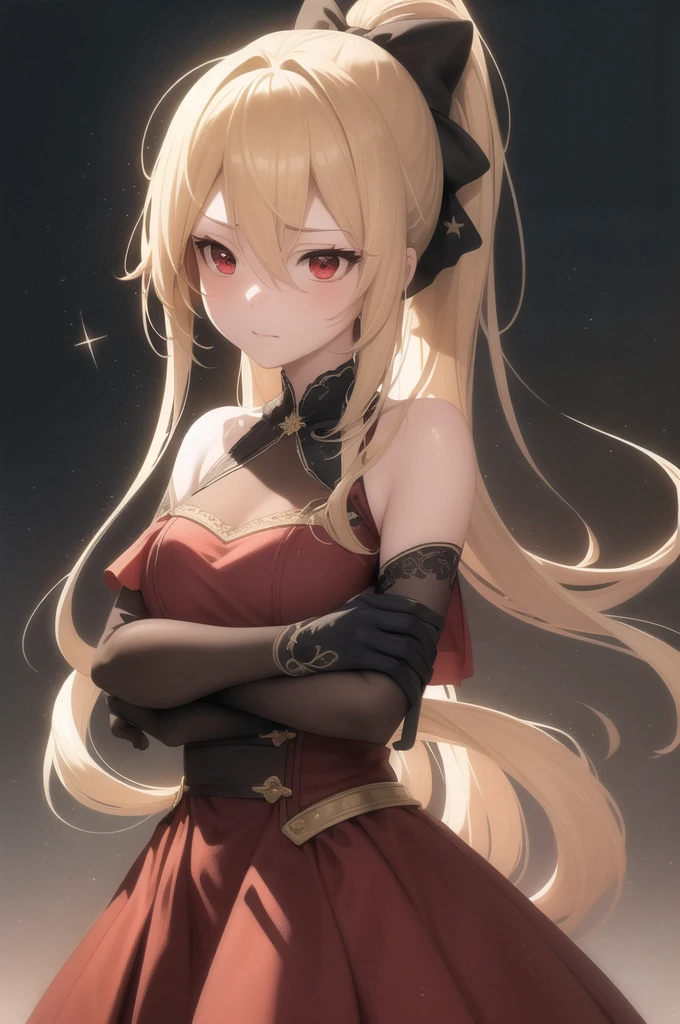 light particles, soft lighting, volumetric lighting, intricate details, finely detailed, backlighting,

1girl, solo, standing, upper body, crossed arms,

blonde hair, long hair, high ponytail, hair intakes, sidelocks, red bow,

red eyes, looking at viewer, tsurime, half-closed eyes,

red dress, off shoulder, bare arms, gloves,

black background, simple background,

