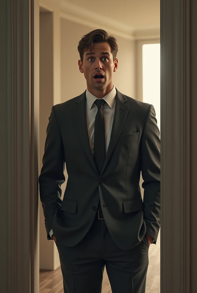A man in a suit is startled in front of the door.