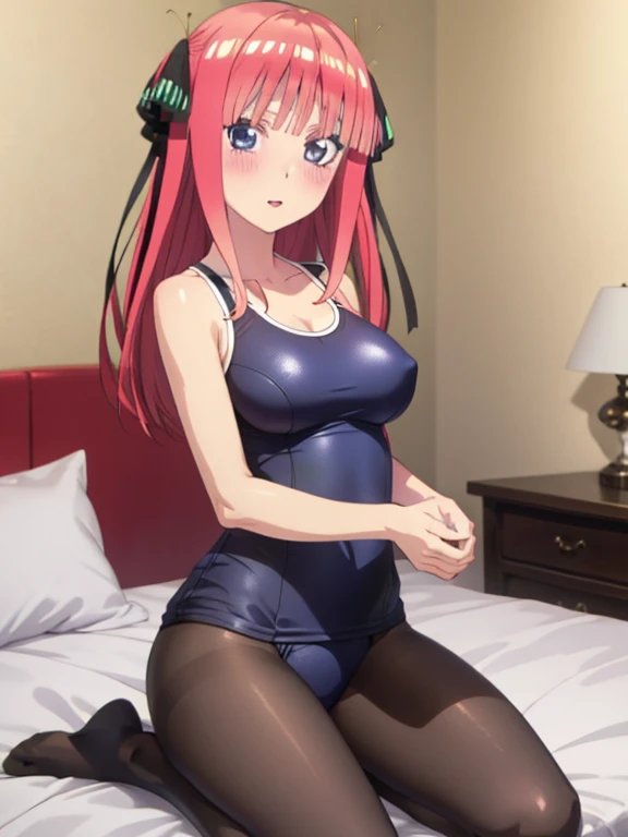 best quality, insanely detailed, nino nakano, breasts, blush, bedroom background, looking at viewer, one-piece swimsuit, cheerful eye, pantyhose