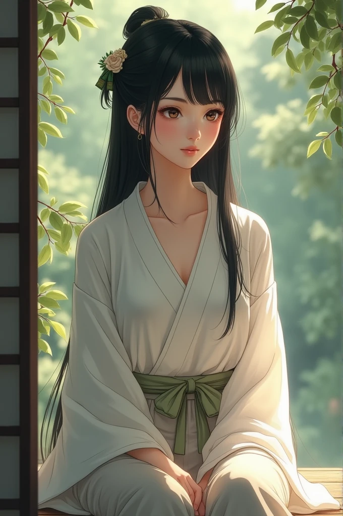 A beautiful Japanese girl with black straight hair is wearing white and cute cotton pants.