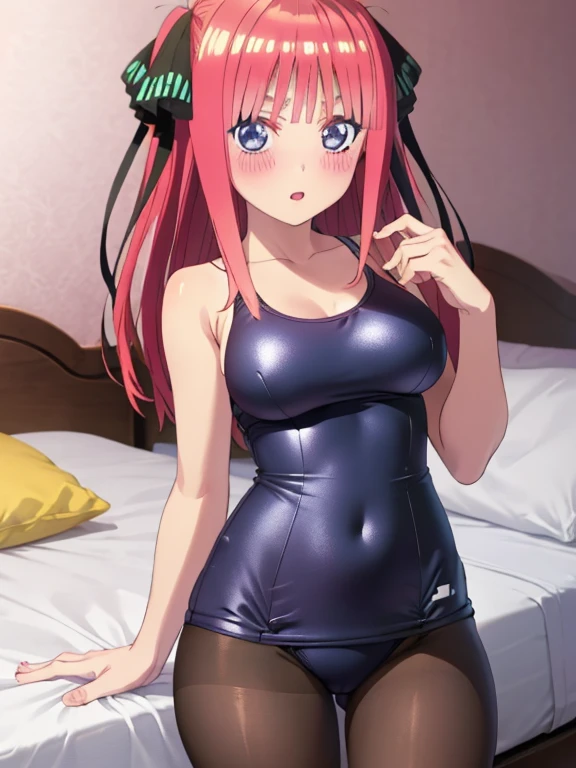 best quality, insanely detailed, nino nakano, breasts, blush, bedroom background, looking at viewer, one-piece swimsuit, cheerful eye, pantyhose