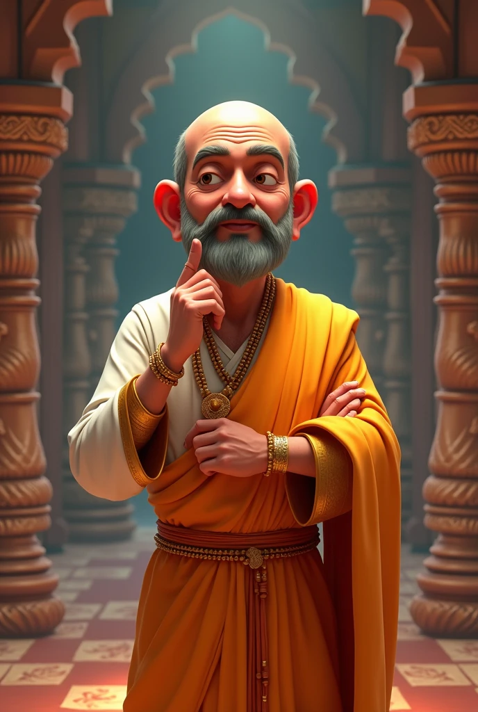 Chanakya ki animated chhavi, ek vyakti ko samasyaon ka samna karte huye dikhate hue.