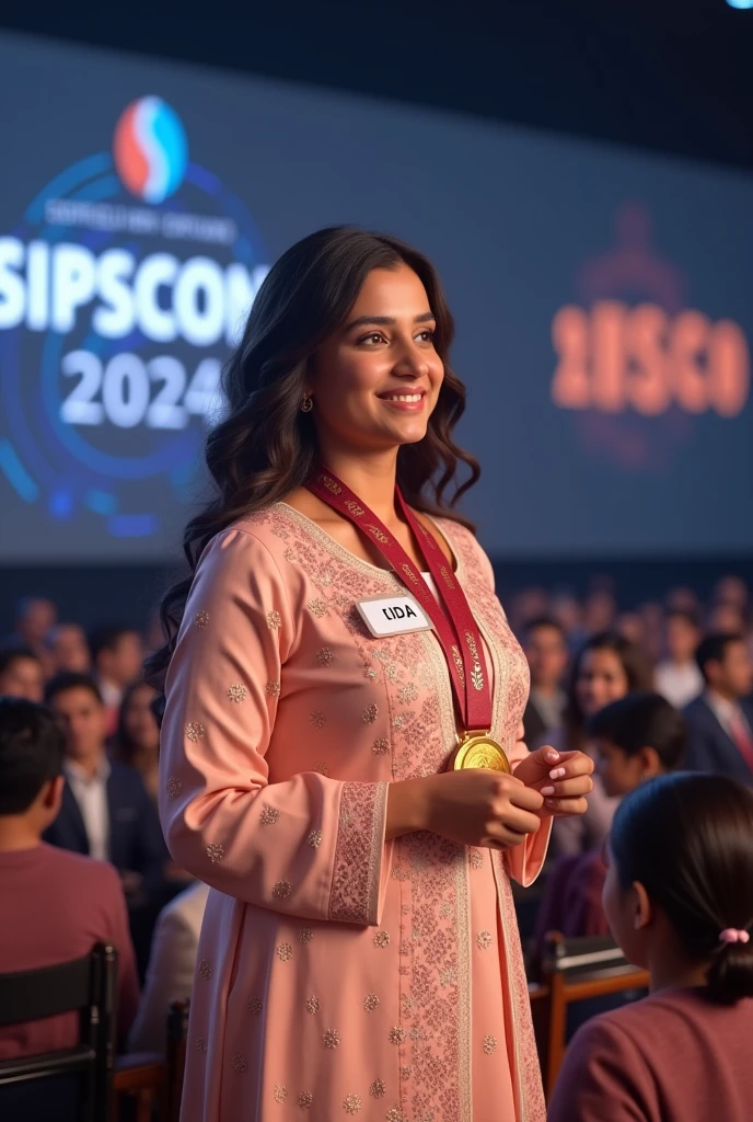 Create a photorealistic image of Dr.Fida (include name tag FIDA) wearing a peach chikankari winning a medal in psychiatry quiz with a background of a stage on which people are sitting and its written SIPSCON 2024 in the background