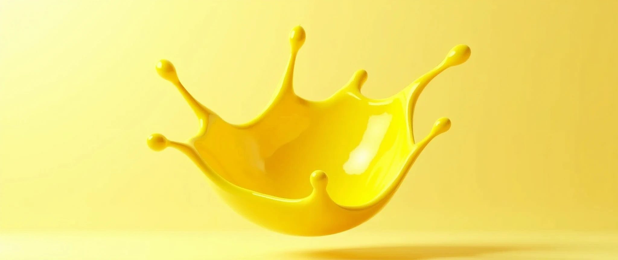 v3D rendering of a yellow liquid splash, vibrant and dynamic, suspended in mid-air, perfect for product display or food photography, the liquid forms elegant, fluid shapes with a smooth, glossy texture, isolated against a clean background, the bright yellow color is eye-catching and exudes freshness, subtle reflections and highlights enhance the depth and realism, capturing the essence of movement and energy, ideal for showcasing products in a modern and stylish way