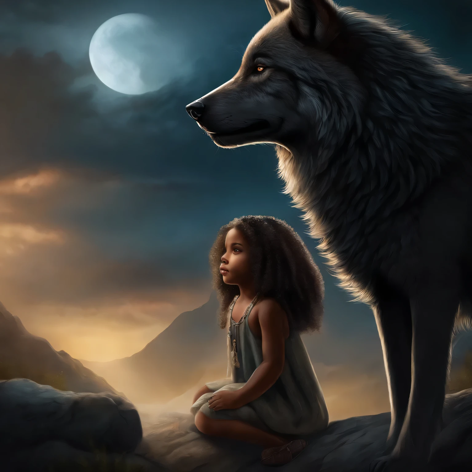 A who grew up with wolves and is part of a pack where the wolf leader protects her and she has dark skin and curly hair