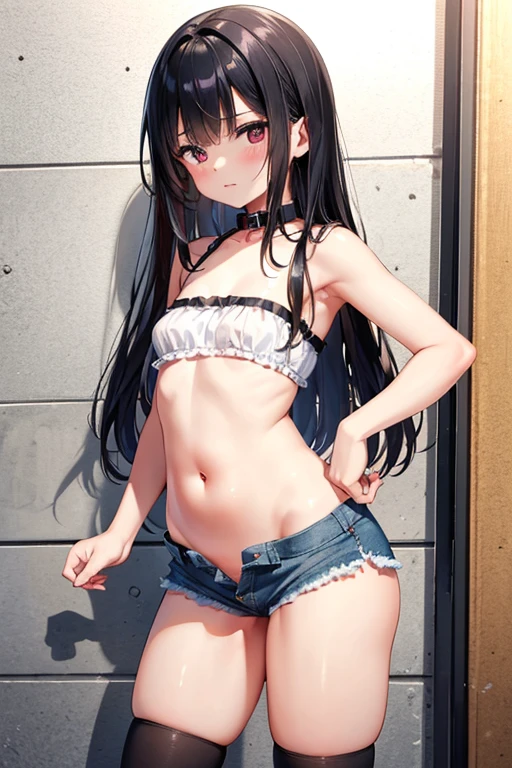 (masterpiece), Highest quality, One girl, , 8--old,te  girl, Flat Chest, Black Hair, Very long hair, View your viewers, She wears a sturdy collar made of bright red leather., 
Strapless clothing, White lace outfit, Expose the clavicle, Not wearing a bra, Erect nipples, Lace frills on the chest, The frills make the skin look translucent., Lifting her frills to show off her breasts, Belly button, A bulging belly, Exposing the flanks, 
Not wearing panties, denim micro mini shorts, Extremely low cut shorts, Extremely low rise shorts, Ultra-short shorts that show off your V-line, Expose your hips, Shorts are unbuttoned, She unzips her shorts, Open the front of your shorts, She pulls down her shorts, She has taken off her shorts so you can see her crotch, I can see the pussy, She purposely shows off her pussy, I can see the crotch lines, she has no pubic hair, 
White thigh-high socks, Walking around town, Standing in a crowd,